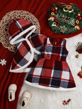 Christmas Style Toddler Baby Girl's Stylish Fleece Lined Plaid Coat + Plaid Dress Set, Warm Outfit For Fall & Winter Outdoor Clothes