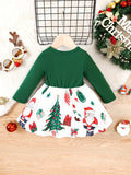 Baby's Cartoon Christmas Element Pattern Bowknot Decor Long Sleeve Cotton Dress, Infant & Toddler Girl's Dress For Daily Wear/Holiday/Party, As Gift