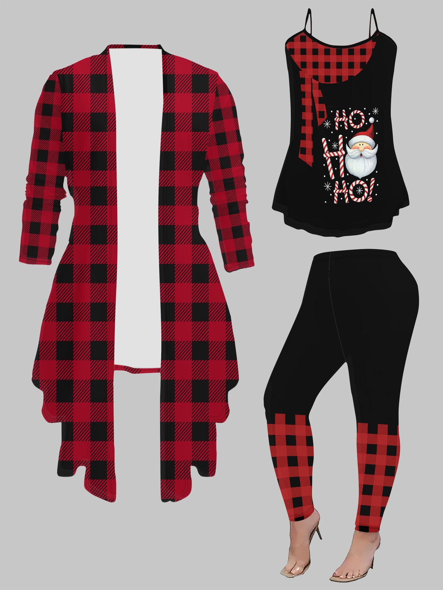 Women's Festive Christmas 3pcs Outfit: Santa & Plaid Print Cami, Long Sleeve Cardigan & Leggings Set - Stretchy Polyester Blend, Machine Washable