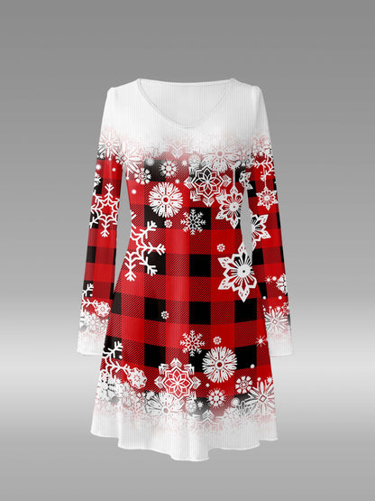 Women's Christmas Plaid Snowflake Print Dress, V-Neck, Long Sleeve, A-Line, Short Length, Polyester Knit Fabric, No Pads, Asymmetrical Hem, Fashionable Holiday Outfit