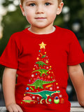 Boy's Short Sleeve Slightly Stretch Crew Neck T-shirt, Christmas Dinosaurs Pattern Print Tee For Summer Outdoor