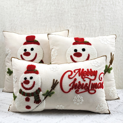 1pc Christmas Canvas Christmas Snowman Towel Embroidered Cushion Throw Pillow Cover