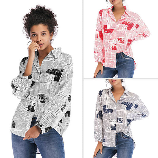 PEOPLETERRITORY New South East Asia Women's Spring Cross-border Hot Trade Shirt Newspaper Letter Printing Long Sleeve Lapel Shirt