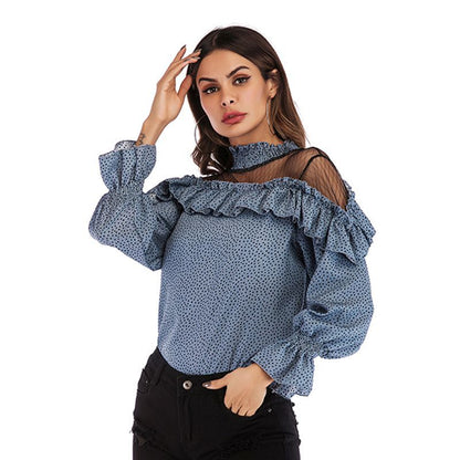 PEOPLETERRITORY New South East Asia women's spring new pleated mesh splicing ruffle edge polka dot chiffon shirt top