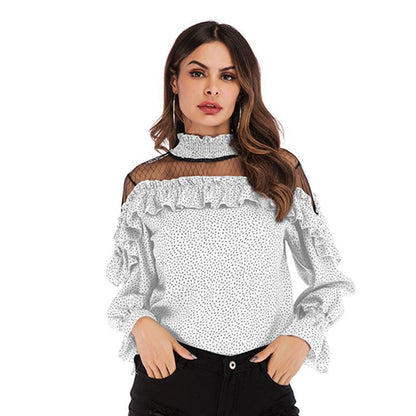 PEOPLETERRITORY New South East Asia women's spring new pleated mesh splicing ruffle edge polka dot chiffon shirt top