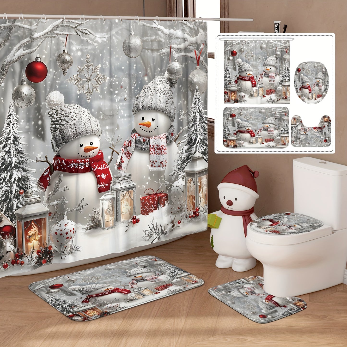 Winter Wonderland Snowman Bathroom Set - Waterproof, Machine Washable, Non-Slip, U-Shape Toilet Lid Cover, 12 Hooks, Woven Snowflake Pattern, Polyester Shower Curtain, Bath Mat, and Rugs - Perfect for Christmas Decor, Easy to Clean, and Durable