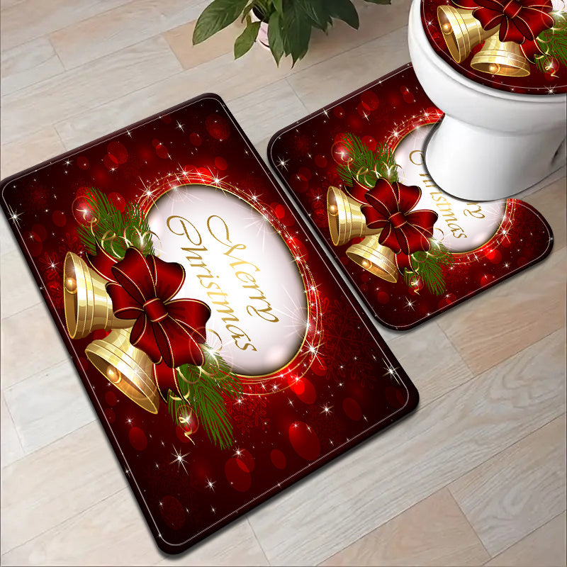 1/2/3pcs, Christmas Element Bell Bathroom Mat Set, Entrance Anti-slip Bathroom Floor Mat, Bathroom U-shaped Mat, Toilet Seat, Bathroom Decoration