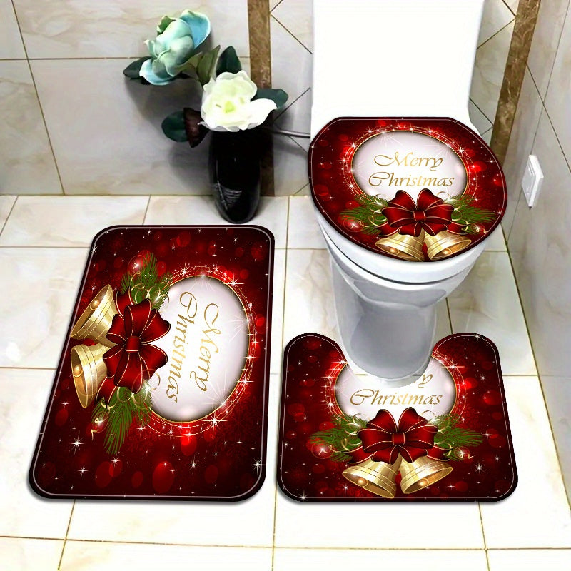 1/2/3pcs, Christmas Element Bell Bathroom Mat Set, Entrance Anti-slip Bathroom Floor Mat, Bathroom U-shaped Mat, Toilet Seat, Bathroom Decoration