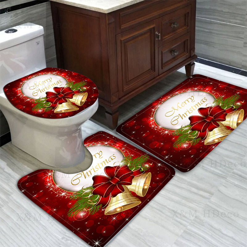 1/2/3pcs, Christmas Element Bell Bathroom Mat Set, Entrance Anti-slip Bathroom Floor Mat, Bathroom U-shaped Mat, Toilet Seat, Bathroom Decoration