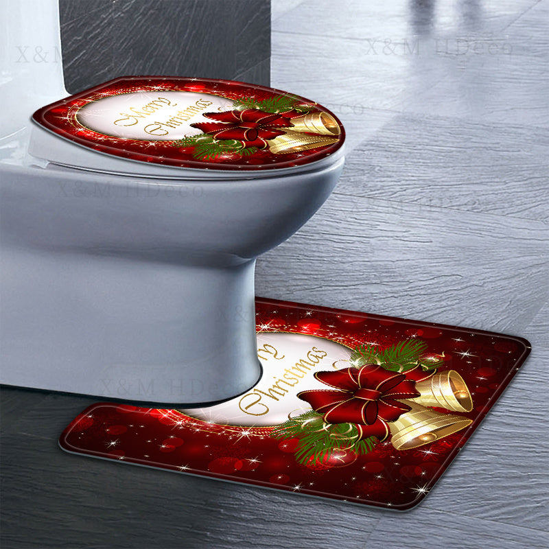 1/2/3pcs, Christmas Element Bell Bathroom Mat Set, Entrance Anti-slip Bathroom Floor Mat, Bathroom U-shaped Mat, Toilet Seat, Bathroom Decoration