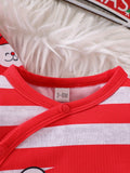 2pcs, Xmas Santa Claus & Snowman Pattern Striped Jumpsuit For Baby Boy's Fall Winter Outdoor Wear