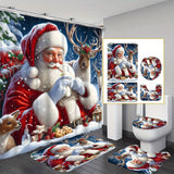 4Pcs Waterproof Christmas Shower Curtain Set, Santa Claus, Christmas Elk, Pine Tree, Non-Slip U Shape Mat, Bath Mat, Toilet Lid Rug, Bathroom Decor Sets, Winter Home Decor Accessories