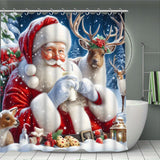 4Pcs Waterproof Christmas Shower Curtain Set, Santa Claus, Christmas Elk, Pine Tree, Non-Slip U Shape Mat, Bath Mat, Toilet Lid Rug, Bathroom Decor Sets, Winter Home Decor Accessories