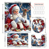 4Pcs Waterproof Christmas Shower Curtain Set, Santa Claus, Christmas Elk, Pine Tree, Non-Slip U Shape Mat, Bath Mat, Toilet Lid Rug, Bathroom Decor Sets, Winter Home Decor Accessories