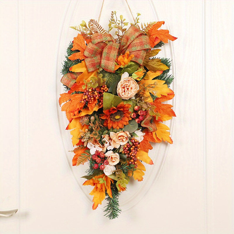 Fall Harvest Teardrop Swag, Hanging Teardrop Wreath for Front Door, Artificial Autumn Theme Swag Wall Decor Fall Leaves Swag for Thanksgiving Christmas Halloween Wall Decor