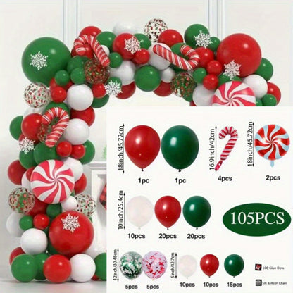 105pcs Christmas Balloon Arch Kit - Red & Green Candy Cane, Confetti Balloons, Wreath Set for Holiday, New Year & Birthday Party Decorations, Non-Electric, Aluminum & Latex Balloons for Ages 14+