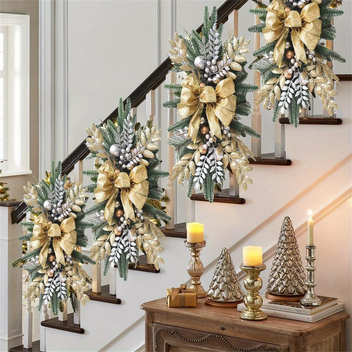 1pc Christmas Swag Wreath with Light Stairway Trim Handmade Wreaths Christmas Staircases Wreaths Decorations, Artificial Christmas Wreath Garland For Stairs, For Home Party Shopwindow Stair Christmas Decoration