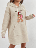 Women'S Casual Knit Waffle Sweatshirt Dress with Hood, Polyester, Front Pocket, Sugar & Spice Christmas Gingerbread Pattern for Fall/Winter