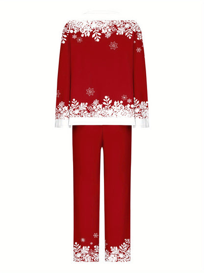 Plus Size Elegant Knit Co-ord Set with Snowman Print - V-neck Long Sleeve Pullover and Wide-Leg Pants, Polyester Blend with Elastane, Festive Design - Medium Stretch