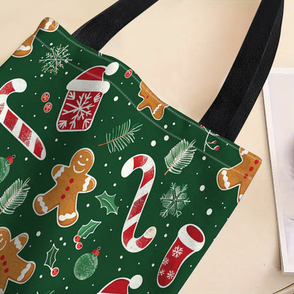 1pc Elegant Polyester Canvas Tote Bag with Christmas Gingerbread, Candy Cane, and Santa Hat Print - Durable, Reusable Shopping Bag with Fixed Shoulder Straps, Ideal for Holiday Gifts