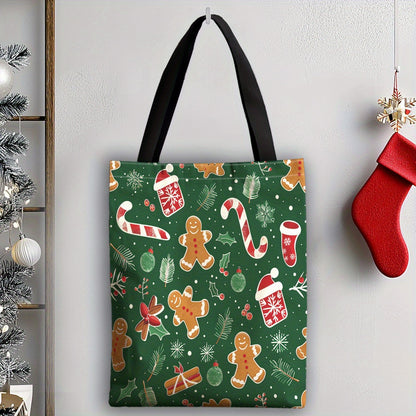 1pc Elegant Polyester Canvas Tote Bag with Christmas Gingerbread, Candy Cane, and Santa Hat Print - Durable, Reusable Shopping Bag with Fixed Shoulder Straps, Ideal for Holiday Gifts