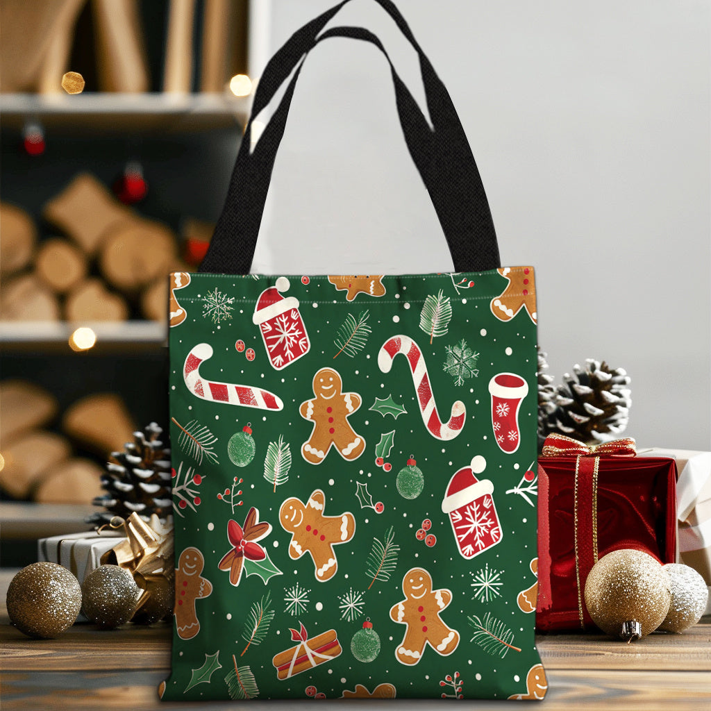 1pc Elegant Polyester Canvas Tote Bag with Christmas Gingerbread, Candy Cane, and Santa Hat Print - Durable, Reusable Shopping Bag with Fixed Shoulder Straps, Ideal for Holiday Gifts