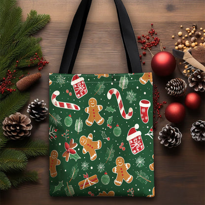 1pc Elegant Polyester Canvas Tote Bag with Christmas Gingerbread, Candy Cane, and Santa Hat Print - Durable, Reusable Shopping Bag with Fixed Shoulder Straps, Ideal for Holiday Gifts