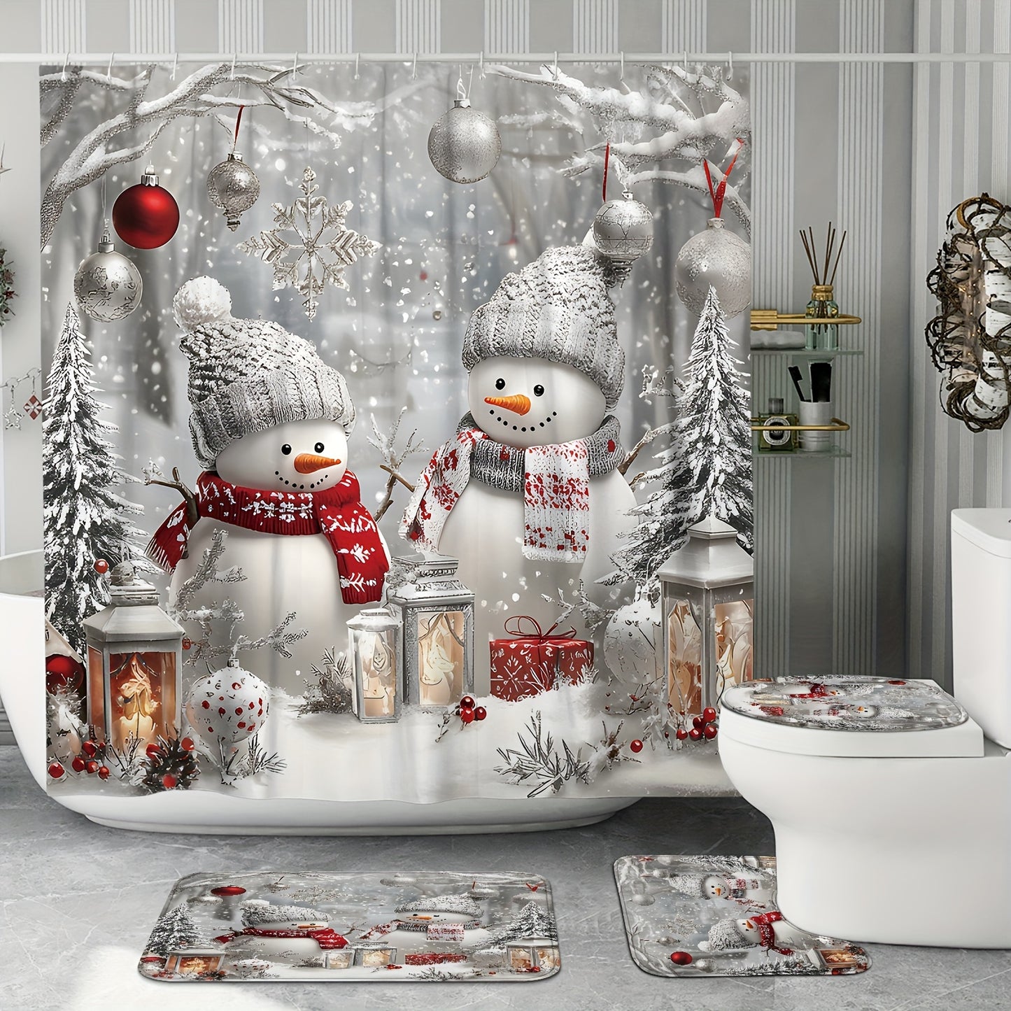 Winter Wonderland Snowman Bathroom Set - Waterproof, Machine Washable, Non-Slip, U-Shape Toilet Lid Cover, 12 Hooks, Woven Snowflake Pattern, Polyester Shower Curtain, Bath Mat, and Rugs - Perfect for Christmas Decor, Easy to Clean, and Durable