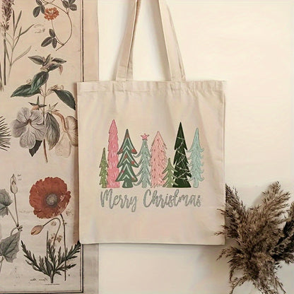 1pc Festive Xmas Tree Pattern Canvas Shopping Tote Bag - Reusable Luggage Handle Wrap for Ladies, Christmas New Year Gift, Durable Storage Bag with Stylish Design