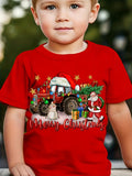 Boys' Summer Fashion T-Shirt, "Merry Christmas" Letter Print, Cool Tractor Christmas Pattern, Casual Short Sleeve Top for Kids, Regular Fit, Round Neck, Polyester Blend, Stretch Fabric