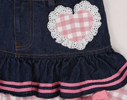 Territory Fashion Sweet Skirts for Women High Waist Plaid Bow Patchwork Denim Summer Skirt Preppy Style Loose All Match