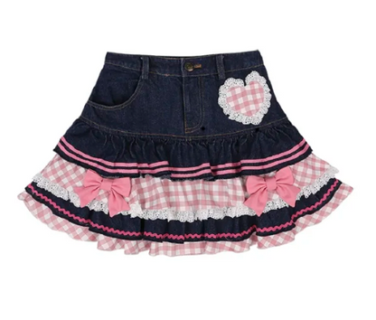 Territory Fashion Sweet Skirts for Women High Waist Plaid Bow Patchwork Denim Summer Skirt Preppy Style Loose All Match