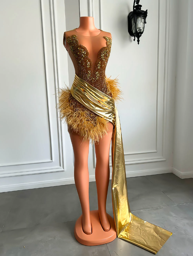 Territory Feather Gold See Through Women African Cocktail Dresses Beaded Birthday Party Gowns Short Black Girl Prom Dresses Homecoming