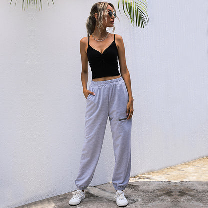 PEOPLETERRITORY popular new  New Popular trade 2025 zipper design casual sweatpants tied feet women's high-waisted casual pants