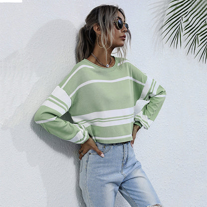 PEOPLETERRITORY popular Spring and Autumn New Women's Striped Knitted Sweater Bottom Pullover  Hot Trade Crew Neck Japanese Short Top