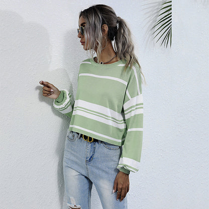 PEOPLETERRITORY popular Spring and Autumn New Women's Striped Knitted Sweater Bottom Pullover  Hot Trade Crew Neck Japanese Short Top