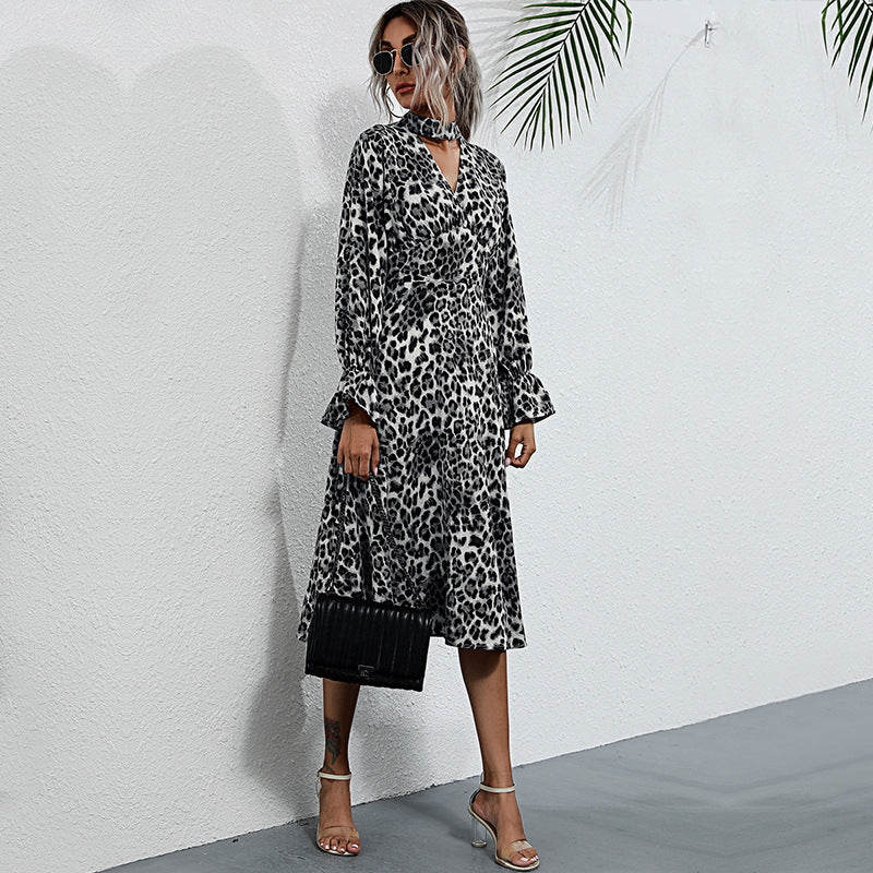 PEOPLETERRITORY Spring women's clothing new 2025 trade cross-border 2025 medium and long dresses leopard print thin autumn and winter neck long-sleeved dresses