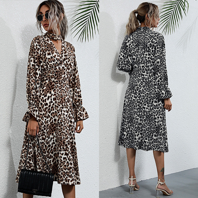 PEOPLETERRITORY Spring women's clothing new 2025 trade cross-border 2025 medium and long dresses leopard print thin autumn and winter neck long-sleeved dresses