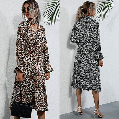 PEOPLETERRITORY Spring women's clothing new 2025 trade cross-border 2025 medium and long dresses leopard print thin autumn and winter neck long-sleeved dresses