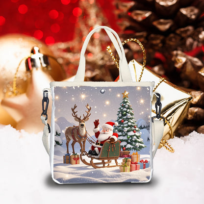 1pc Christmas Canvas Tote Bag with Santa and Reindeer Print, Casual Foldable Handbag with Adjustable Strap, Hollow Ruched Design, Snap Closure, Unlined - Ideal for Gifts and Outings