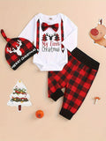 My First Christmas Outfit Infant Baby Boy Christmas Romper + Plaid Pants With Merry Christmas Hat Clothing Sets, Outdoor Cloth