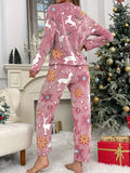 Thick Fleece Women's Christmas Pajama Set, Long Sleeve Round Neck Top & Pants, Luminous Reindeer & Snowflake Print, Comfortable Relaxed Fit For Fall & Winter