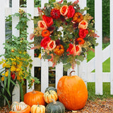 17.7in Durable Fall Peony and Pumpkin Wreath, Farmhouse Autumn Wreath for Front Door with Berry Pumpkin Harvest for Halloween Home Decor