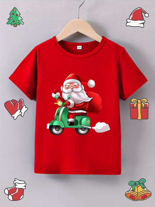 [Customer Favorite] Boys' Summer Skateboard Santa Print T-Shirt - Casual, Comfy Polyester Blend, Round Neck, Non-Transparent - Perfect for Christmas