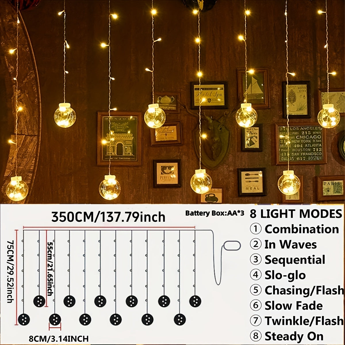 118.11" Wishing Ball String Lights,  New Model, 8 Lighting Modes, 108 LEDs, 12 Wishing Balls, Battery Operated (No Plug), Wall-Mounted, Plastic, for Christmas, Valentine's, Home Gatherings, Bedroom, Party, Indoor Holiday Decorations