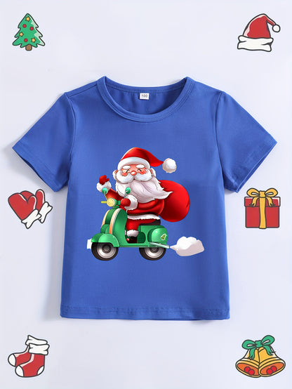 [Customer Favorite] Boys' Summer Skateboard Santa Print T-Shirt - Casual, Comfy Polyester Blend, Round Neck, Non-Transparent - Perfect for Christmas