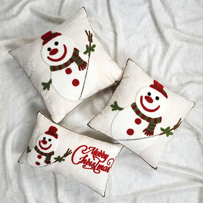 1pc Christmas Canvas Christmas Snowman Towel Embroidered Cushion Throw Pillow Cover