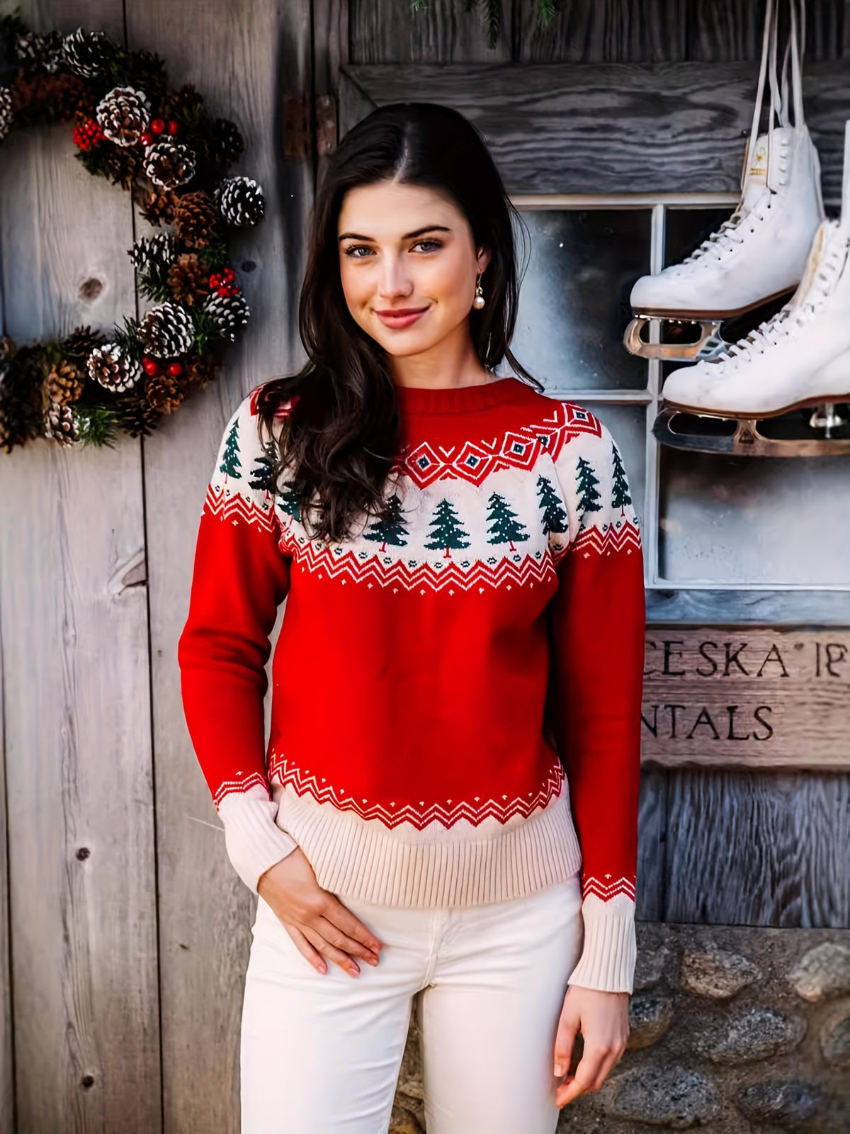 Chic Christmas Tree Knit Sweater for Women - Cozy Wool Blend, Long Sleeve, Crew Neck Pullover with Geometric & Cartoon Patterns - Perfect for Fall/Winter