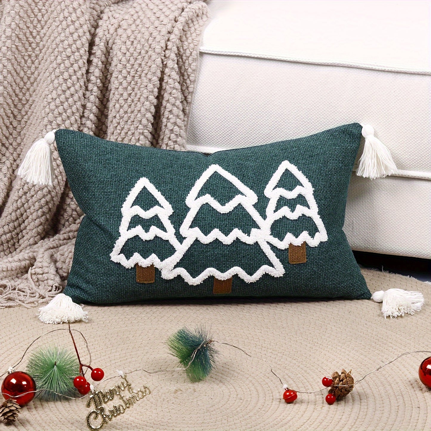 1-Pack 18"x18" Machine Washable Polyester Weave Contemporary Christmas Tree Decorative Cushion Cover with Zipper Closure for Living Room Festive Decor - No Insert Included