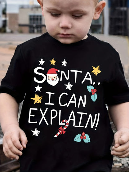 Kids Christmas Graphic Tee - Casual Polyester Crew Neck T-Shirt with Santa and Letter Print, Applique Detail, Slight Stretch, Regular Fit, Knit Fabric for Children 12 and Under - Summer Holiday Fashion Top